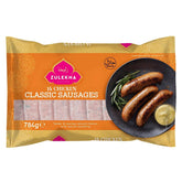 Experience the premium taste of Zulekha's 14 Chicken Classic Sausages, a halal-certified chicken treat. The packaging showcases an appetizing image of grilled sausages served with sauce, offering a delectable meal choice at 784g.